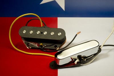 These are the pickups I made for this Telecaster. I took this photo on my living room table, using an A3 size colour laser printout of the Texas flag as a backdrop. I used my portable studio flash system for light, because I have them, but I could have used LED floodlights diffused with a piece of white greaseproof paper instead.
