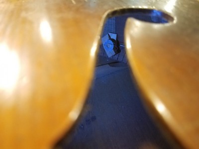 Here's a picture of the cleat in place as viewed through the F-hole