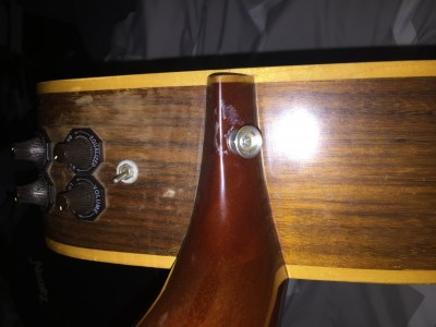 The neck and fretboard all look good. No loose anything. All the tuners work and all the electrical parts work as well. The only thing I see is discoloration around the knobs.